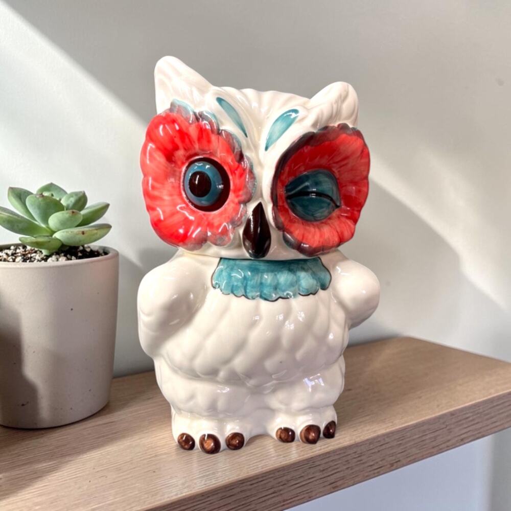 Anthropologie "A Real Hoot" Winking Owl Ceramic Cookie Jar Canister, 11x8” New